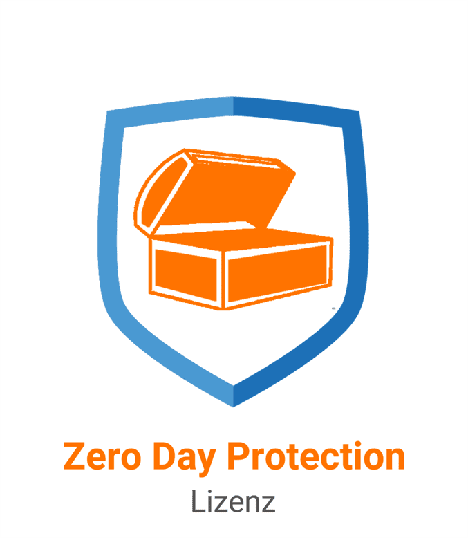 Sophos Zero Day Protection Lizenz Vorschaubild bestehend aus einem blauen Schild, indem eine orangene Truhe befindet