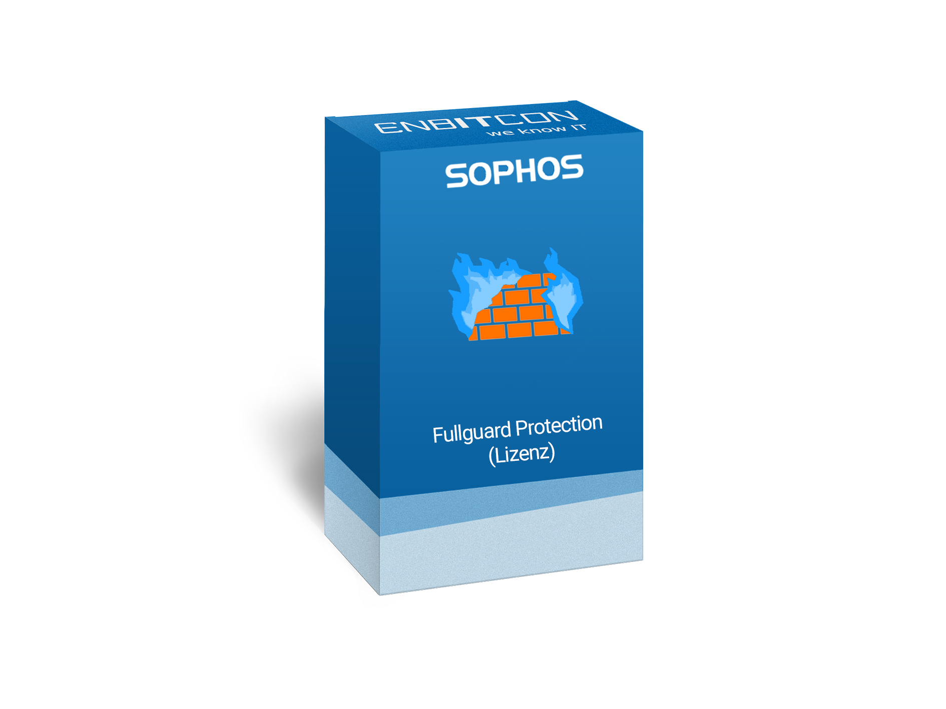 Sophos Full Guard Bundle Lizenz Vorschaubild bestehend aus einem blauen Schild, indem sich eine orangene  Mauer mit blauen Flammen befinden