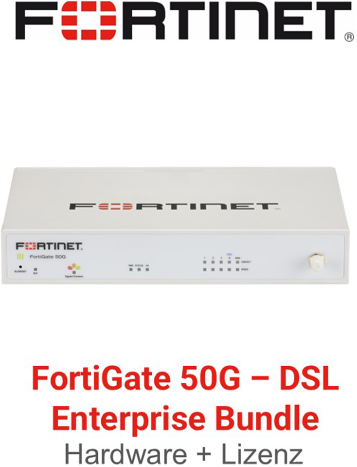 Fortinet FortiGate 50G DSL Firewall Hardware + Enterprise Protection Lizenz Vorderseite