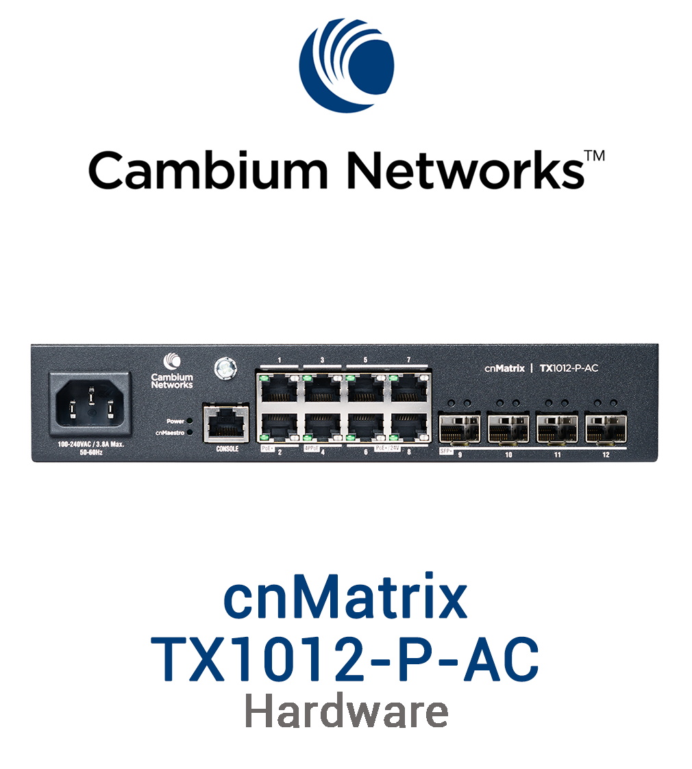 Cambium cnMatrix TX1012-P-AC Switch Vorschaubild mit Cambium Networks Logo und Modellbezeichnung