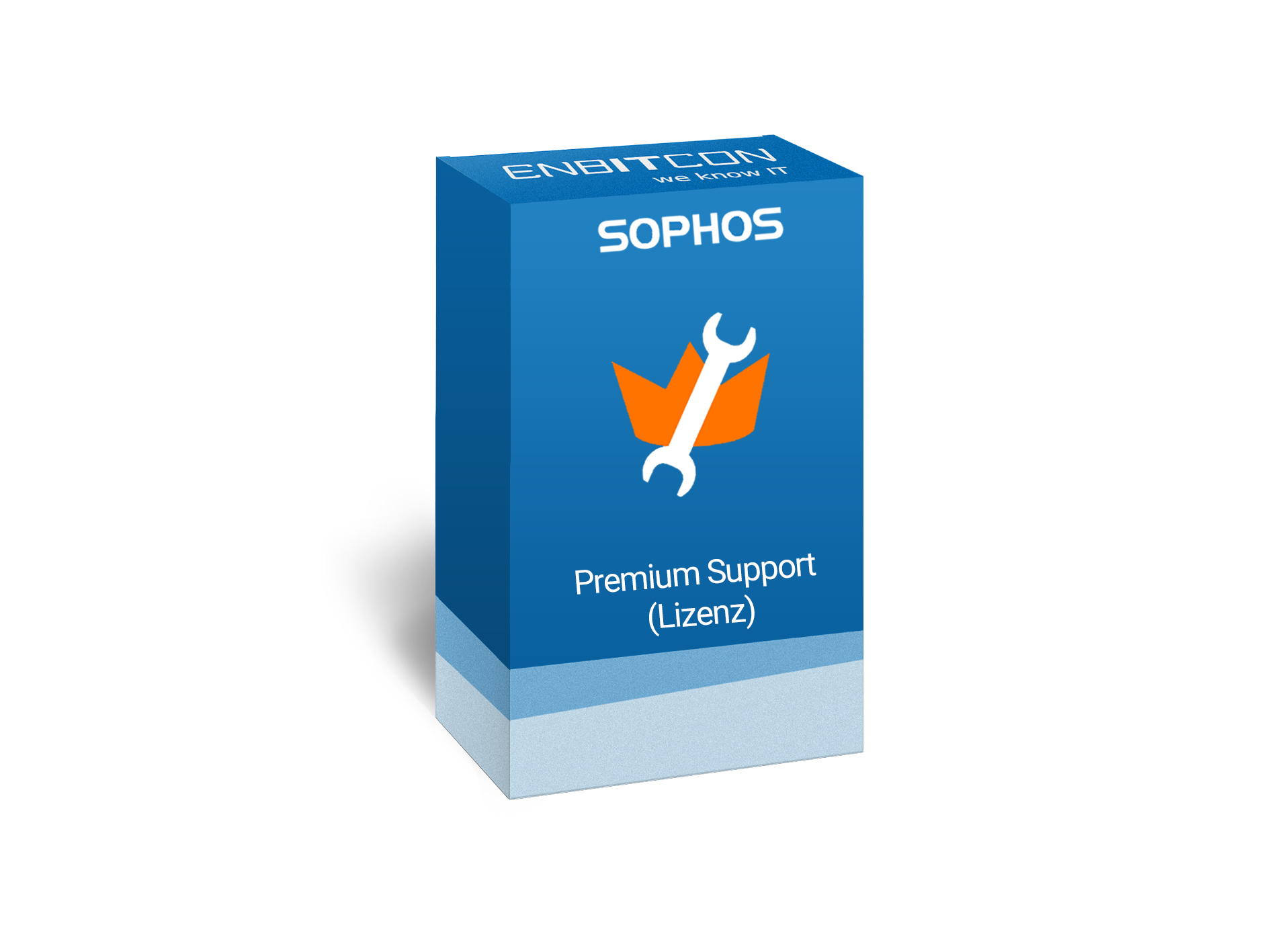 Sophos Premium Support Lizenz Vorschaubild bestehend aus einem blauen Schild, indem sich ein orangener Schraubenschlüssel befindet
