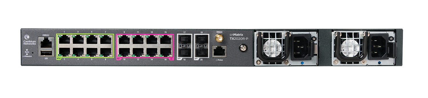 Cambium cnMatrix TX2020R-P Switch Ansicht vorne mit Übersicht der Anschlüsse