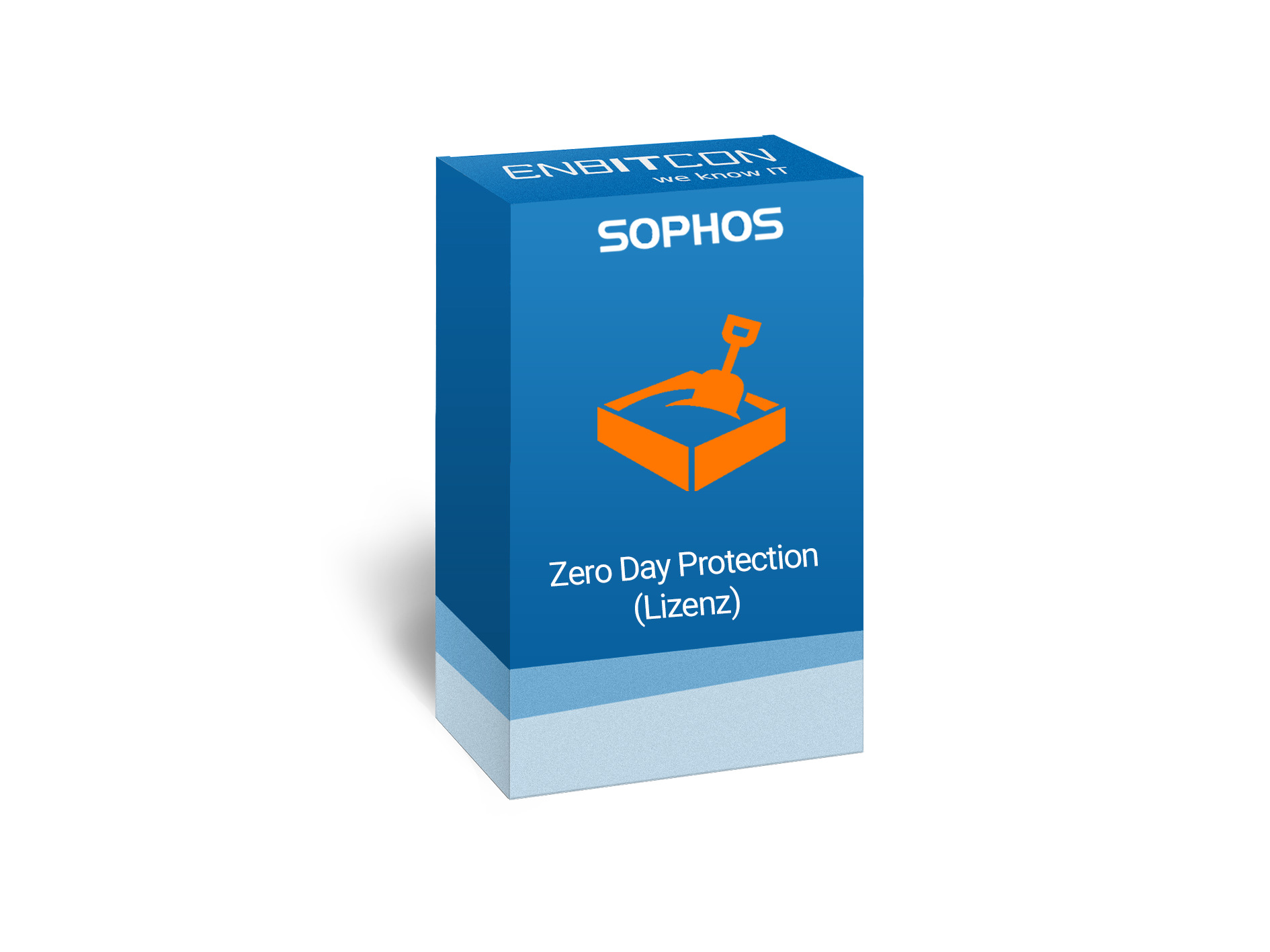 Sophos Zero Day Protection Lizenz Vorschaubild bestehend aus dem Sophos logo und einem blauen Schild, indem eine orangene Truhe befindet