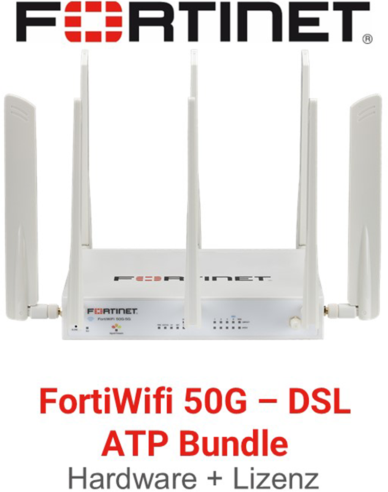 Fortinet FortiWiFi 50G DSL Firewall Hardware + Advanced Threat Protection (ATP) Lizenz Vorderseite