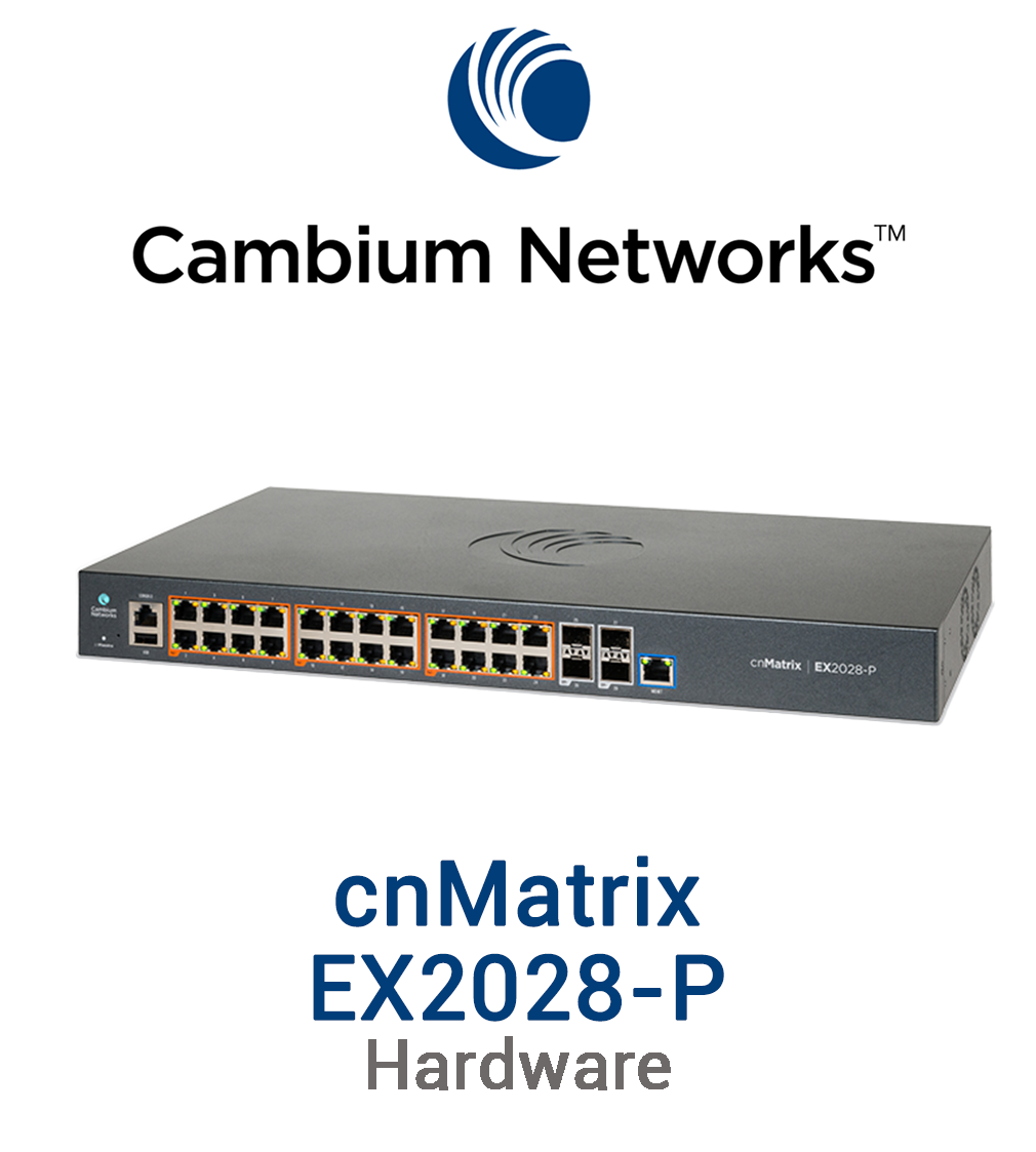 Cambium cnMatrix EX2028-P Switch Vorschaubild mit Cambium Networks Logo und Modellbezeichnung