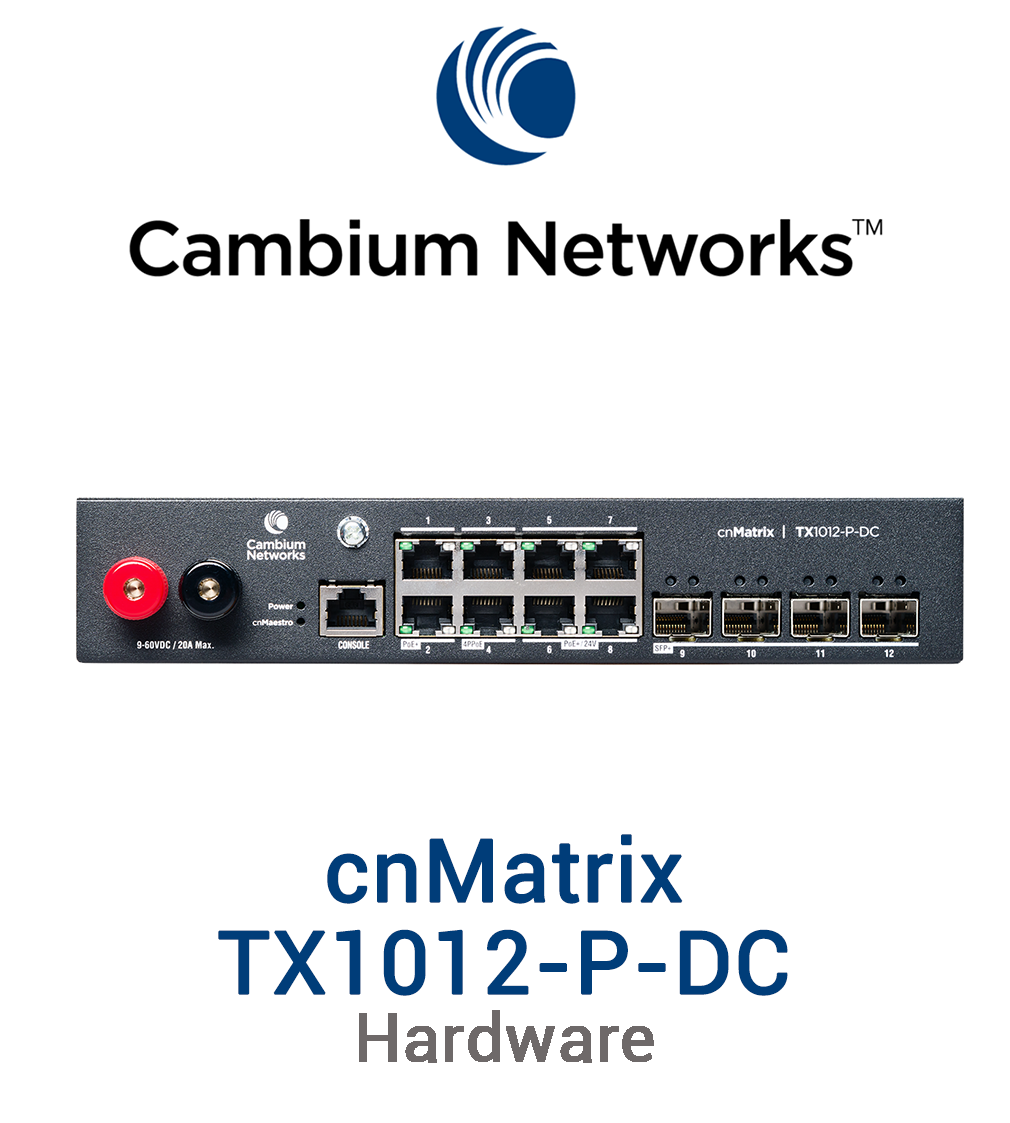 Cambium cnMatrix TX1012-P-DC Switch Vorschaubild mit Cambium Networks Logo und Modellbezeichnung