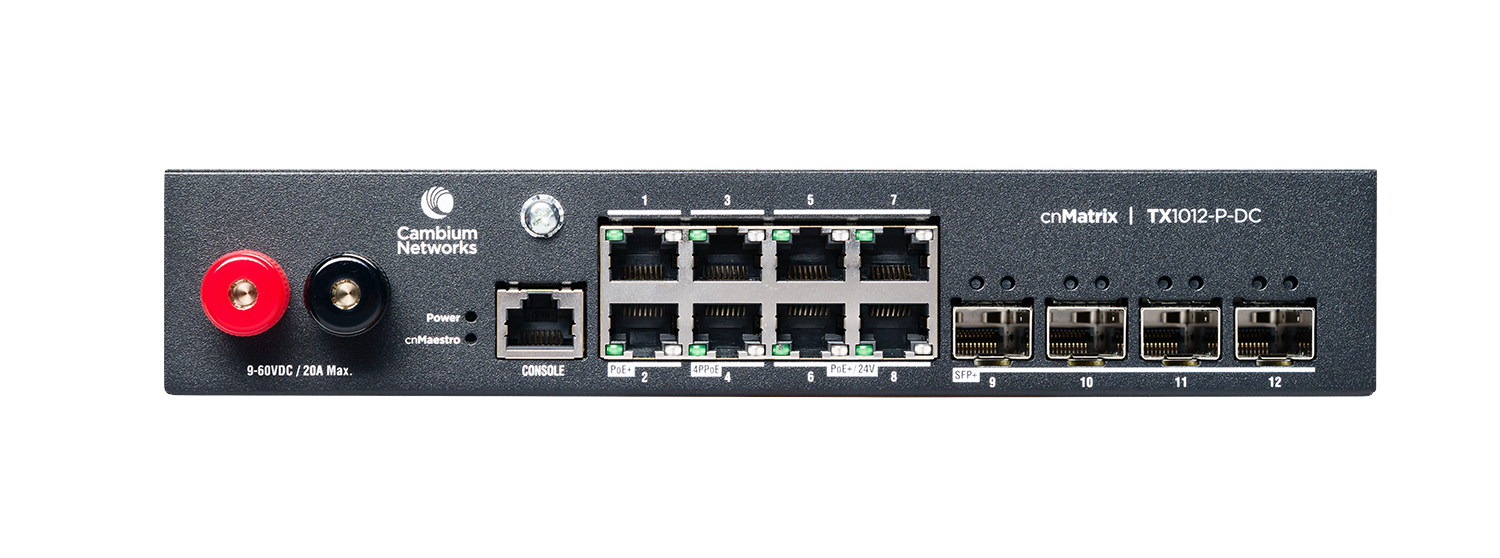 Cambium cnMatrix TX1012-P-DC Switch Ansicht vorne mit Übersicht der Anschlüsse