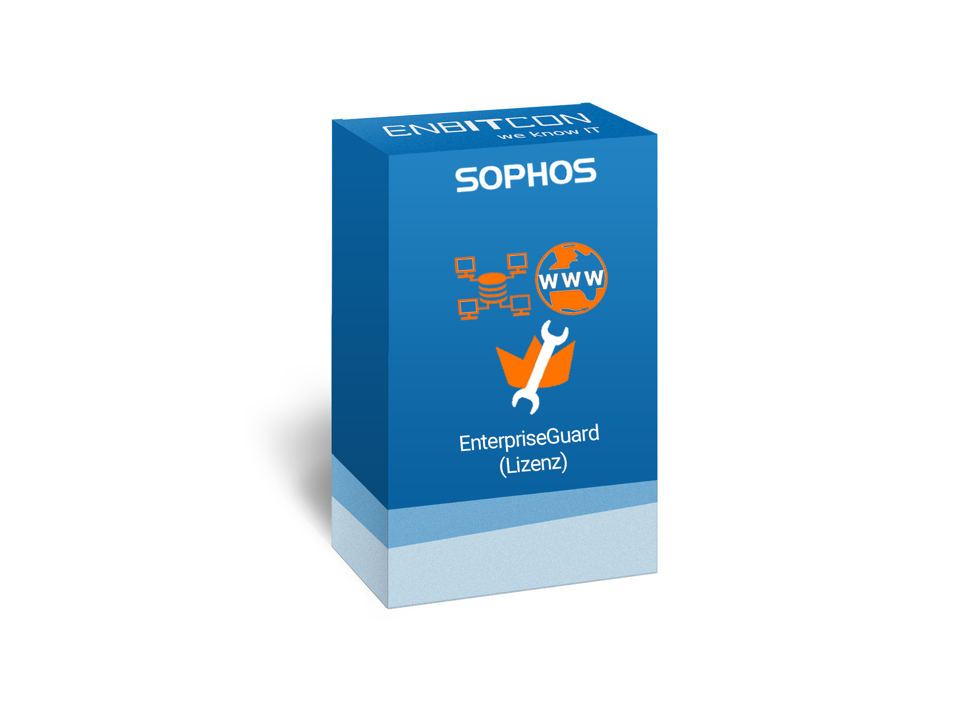 Sophos Enterprise Guard Lizenz Vorschaubild bestehend aus einem blauen Schild, indem sich ein orangenes Computernetz, WWW und ein Schraubenschlüssel befinden